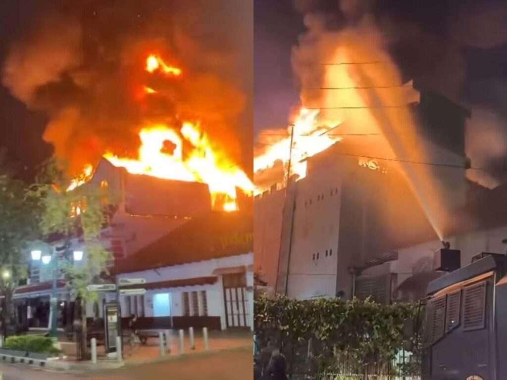Kebakaran Hamzah Batik Malioboro terjadi Senin dini hari. Api melalap lantai tiga dan berhasil dipadamkan setelah tiga jam. (Istimewa)